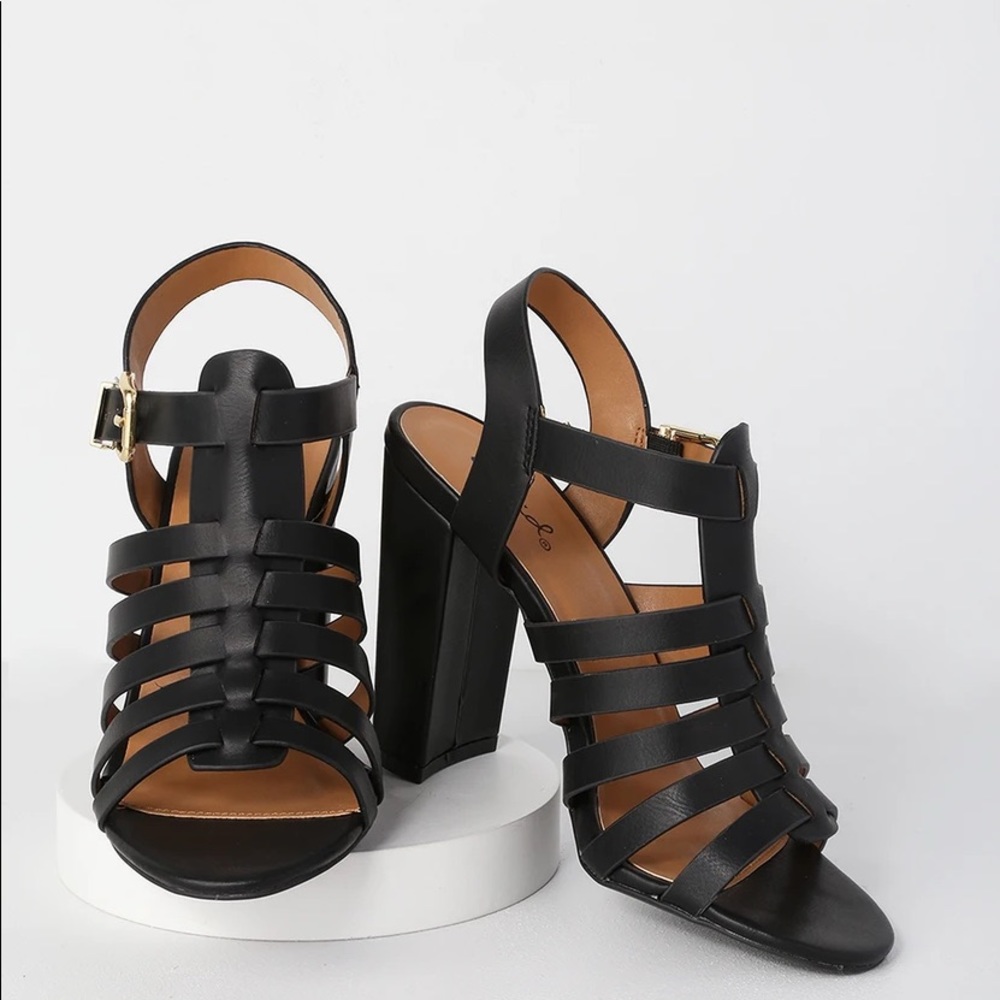 Black caged block heels